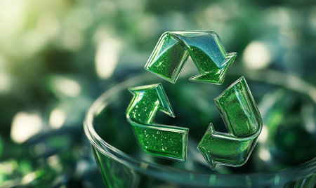 Recycling symbol in glass bowl. 3d illustration with DOFの素材