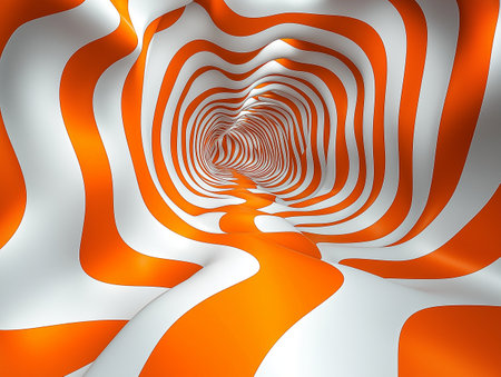Abstract 3d illustration of an orange and white tunnel with stripes.の素材