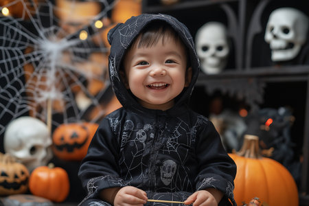 Cute baby boy in Halloween costume sitting at table with pumpkinsの素材