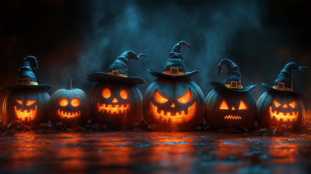 Halloween pumpkins with witch hats on dark background. 3d renderingの素材