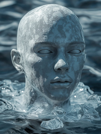 3d rendering of a human head in the water with blue backgroundの素材