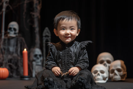 Cute asian child boy in halloween costume on black backgroundの素材