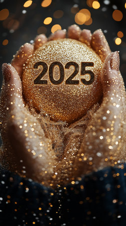 New Year's Eve celebration. Close-up of a man's hands holding a golden Christmas ball with the numbers 2015.の素材