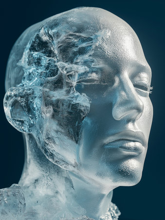 3d rendering of a female face covered with ice on a blue backgroundの素材