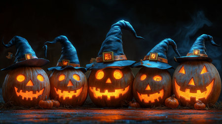 Halloween pumpkins with witch hats on dark background. Halloween conceptの素材