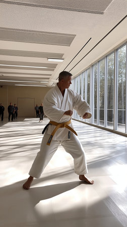 Tae Kwon Do student practicing in the hall of a schoolの素材