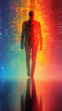 Silhouette of a man in a suit against a colorful backgroundの素材