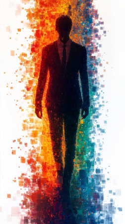 Silhouette of a man in a suit against a colorful backgroundの素材