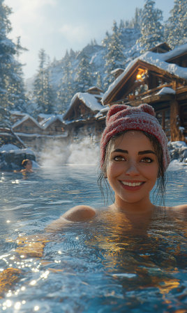 Beautiful young woman relaxing in the hot tub in the winter forestの素材