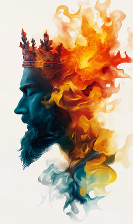 Portrait of a man with a crown on his head made of colored smoke.の素材