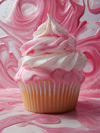 Cupcake with pink frosting on a background of pink paintの素材
