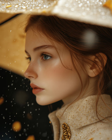 Portrait of a beautiful girl in a raincoat and hat.の素材