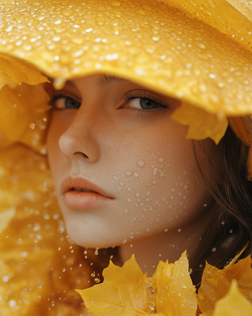 beautiful young woman in yellow raincoat and autumn leaves, closeupの素材