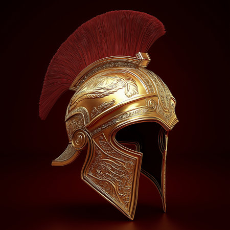Roman helmet with red headdress isolated on brown background. 3d illustrationの素材