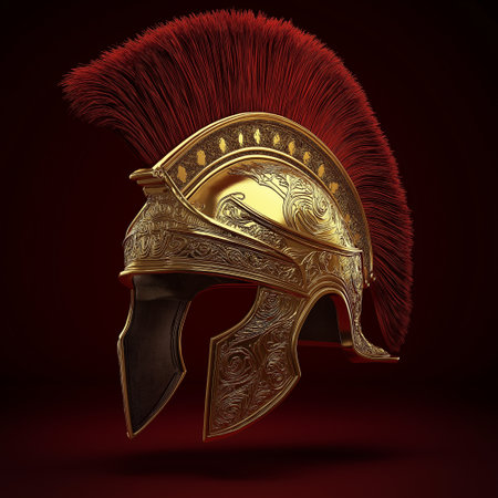 Viking helmet with feathers on a red background. 3d illustrationの素材