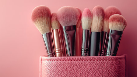 Makeup brushes in a pink leather case on a pink background.の素材