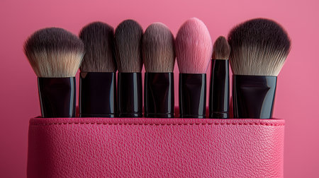 Makeup brushes in a pink leather bag on a pink background.の素材