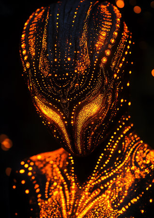 Futuristic woman with glowing bodyart. Bokeh background.の素材