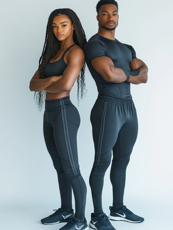 african american man and woman in sportswear, isolated on greyの素材