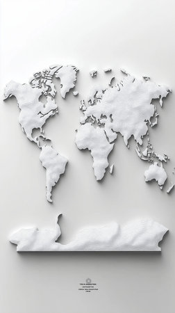 World map covered with snow. 3D render. White background.の素材