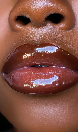 Close-up of woman's lips with glossy lipgloss.の素材