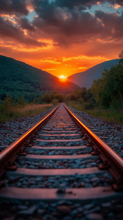 Railroad tracks in the mountains at sunset. Beautiful summer landscape.の素材