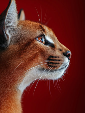 Portrait of a beautiful caracal cat on a red backgroundの素材