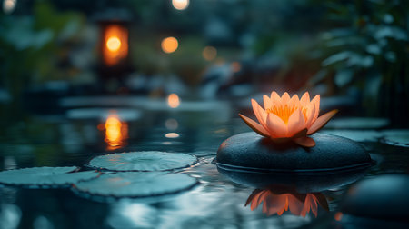 Lotus flower and candle on the stone in the garden with reflectionの素材