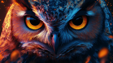 Close-up of an owl with orange eyes, 3d renderingの素材