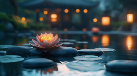 Lotus flower and japanese temple at night. Zen concept.の素材