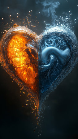 Heart made of fire and smoke on black background. 3D renderingの素材