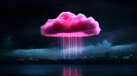Cloud with rain against night cityscape and stormy sky 3D renderingの素材