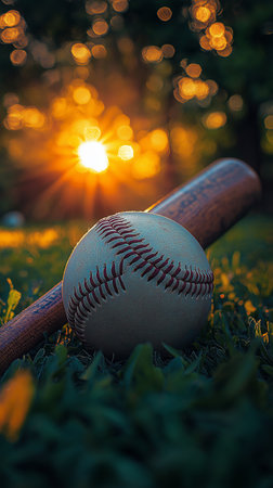 Baseball and bat on the grass with sunset in the background.の素材