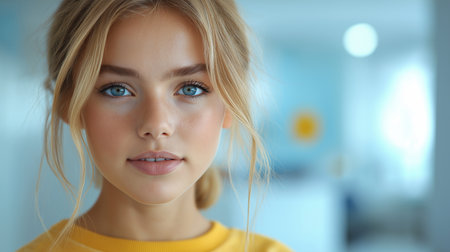 Portrait of a beautiful young woman with blue eyes in the roomの素材