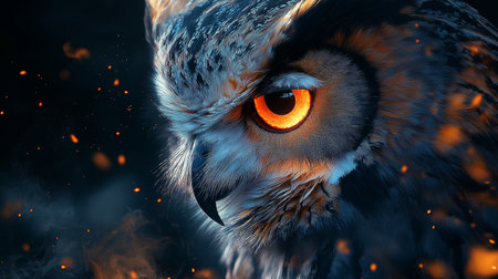 Owl in the fire. 3D illustration. Black background.の素材