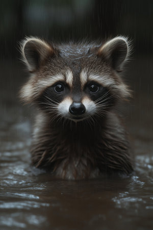 Portrait of a raccoon in the rain. Wildlife animal.の素材