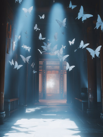 Light from the door of a Chinese temple with flying white butterflies.の素材