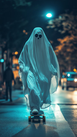 Ghost riding a skateboard on the street at night. Halloween concept.の素材