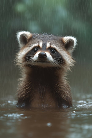 Portrait of a raccoon in the rain. Wildlife scene from nature.の素材