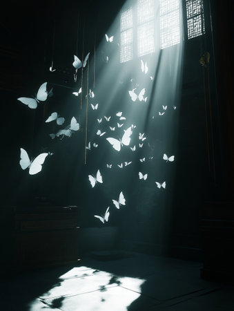 Light from the window in the dark room with white butterflies flying aroundの素材