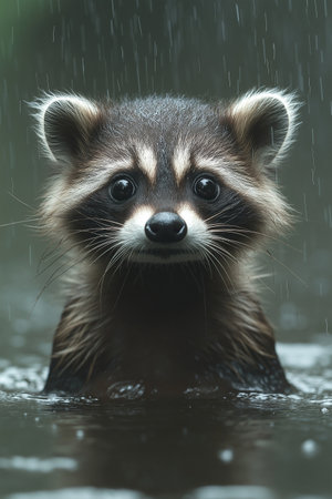 Portrait of a raccoon in the rain. Wildlife animal.の素材