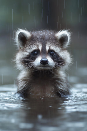 Portrait of a raccoon in the rain on a rainy dayの素材