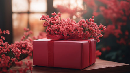 Gift box and bouquet of red flowers on wooden table.の素材