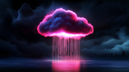 Cloud with rain on dark background. 3D rendering. Neon lightsの素材