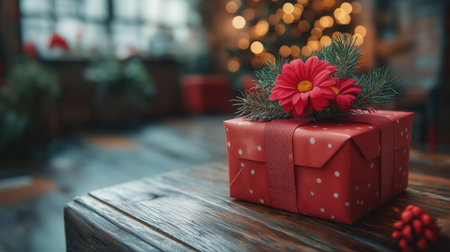 Christmas gift box with red bow on wooden table in living room.の素材