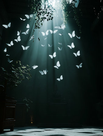 Beautiful white butterflies flying in the dark room with a spotlight.の素材