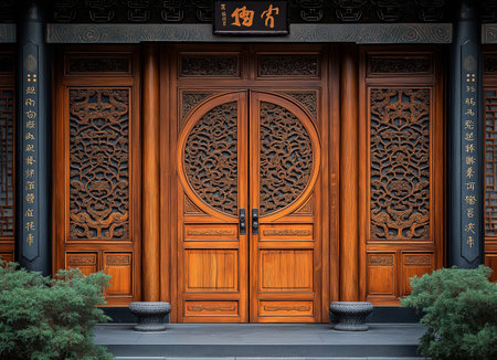 Wooden door in traditional chinese style. 3D rendering.の素材