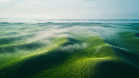Aerial view of beautiful foggy morning landscape with green hills.の素材