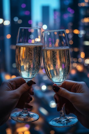 Two female hands holding glasses of champagne over bokeh lights backgroundの素材