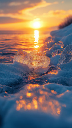 Ice on the sea at sunset. Beautiful winter landscape. Ice texture.の素材